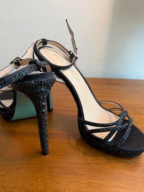 Betsey Johnson Black Crystal Embellished Strappy Heel Sandals